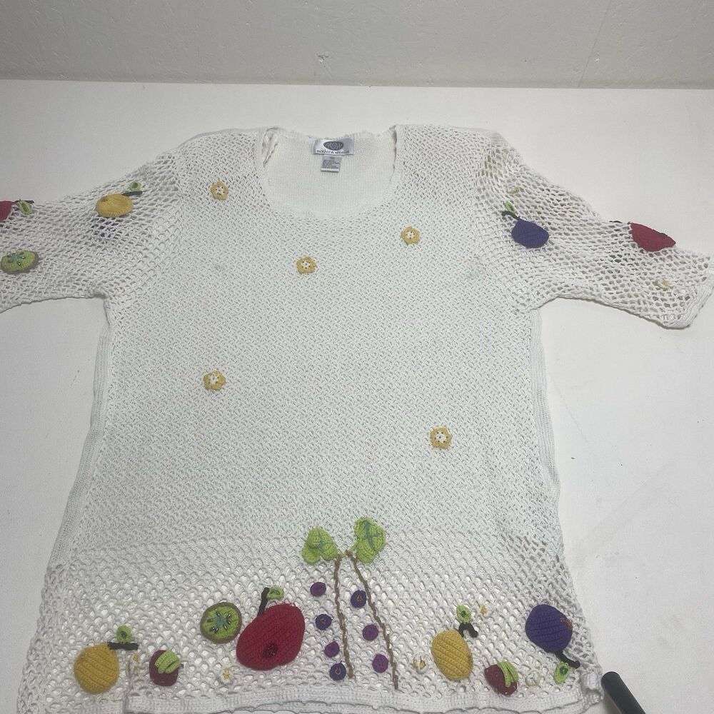 Knit Crochet Blouse Tunic Flowers Fruit Trees Wearable Art cottage core teacher